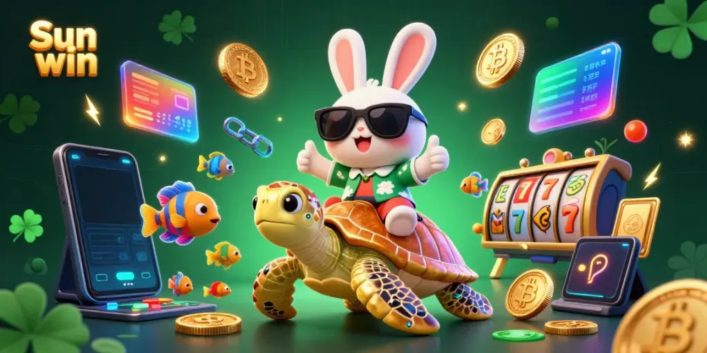 Experience the thrill of Sun win gaming with a vibrant, animated rabbit and turtle, surrounded by slot elements.