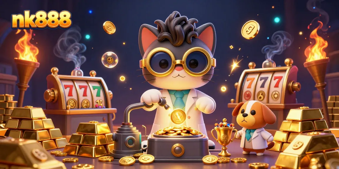 Explore exciting winnings at nk888 while a scientist cat creates a gold-coin machine.