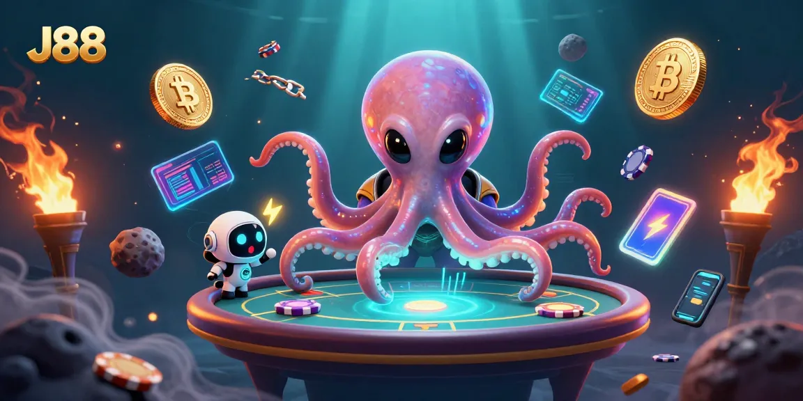 Engage in high-stakes gaming with J88's vibrant cosmic poker scene featuring a holographic table.