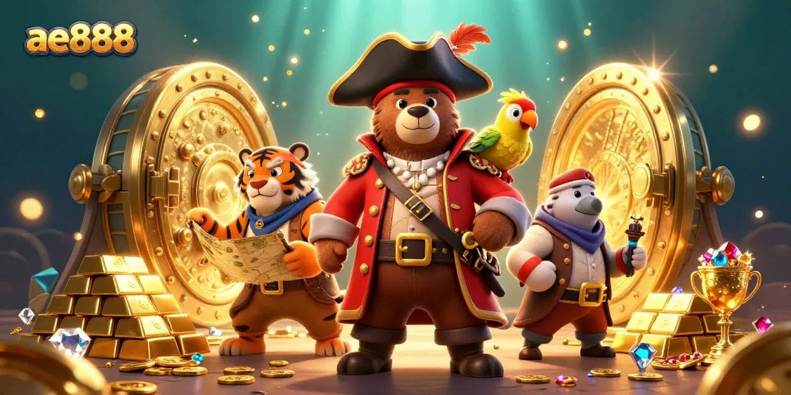Experience ae888's thrilling gaming adventure with our pirate-themed casino illustration featuring treasure and camaraderie.
