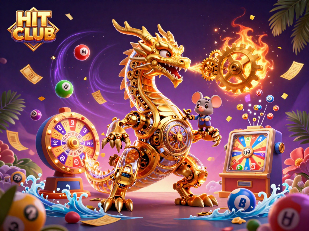 Engage in thrilling games at HIT CLUB with exciting lottery balls and a golden dragon theme.