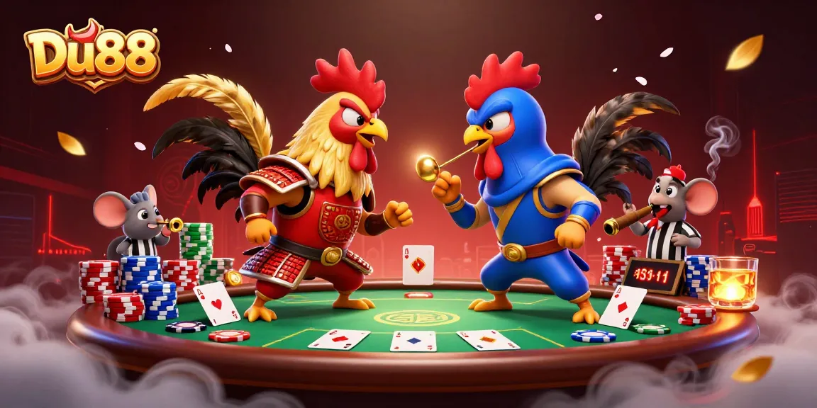 Experience thrilling Du88 action with cartoon roosters in a vibrant poker showdown, showcasing strategy and excitement.