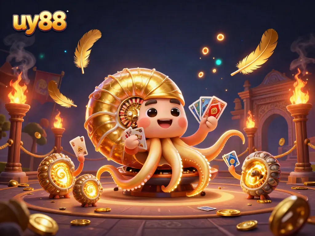 Experience the thrill of uy88 with vibrant casino elements, showcasing a unique nautilus roulette wheel.