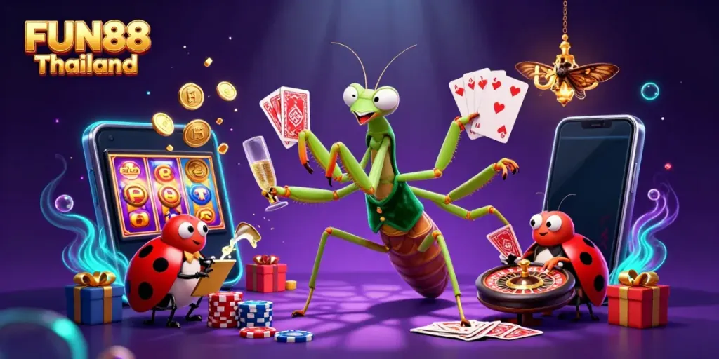 Experience the excitement of FUN88 Thailand, with a vibrant 3D scene featuring a giant mantis dealer and a ladybug pit boss.