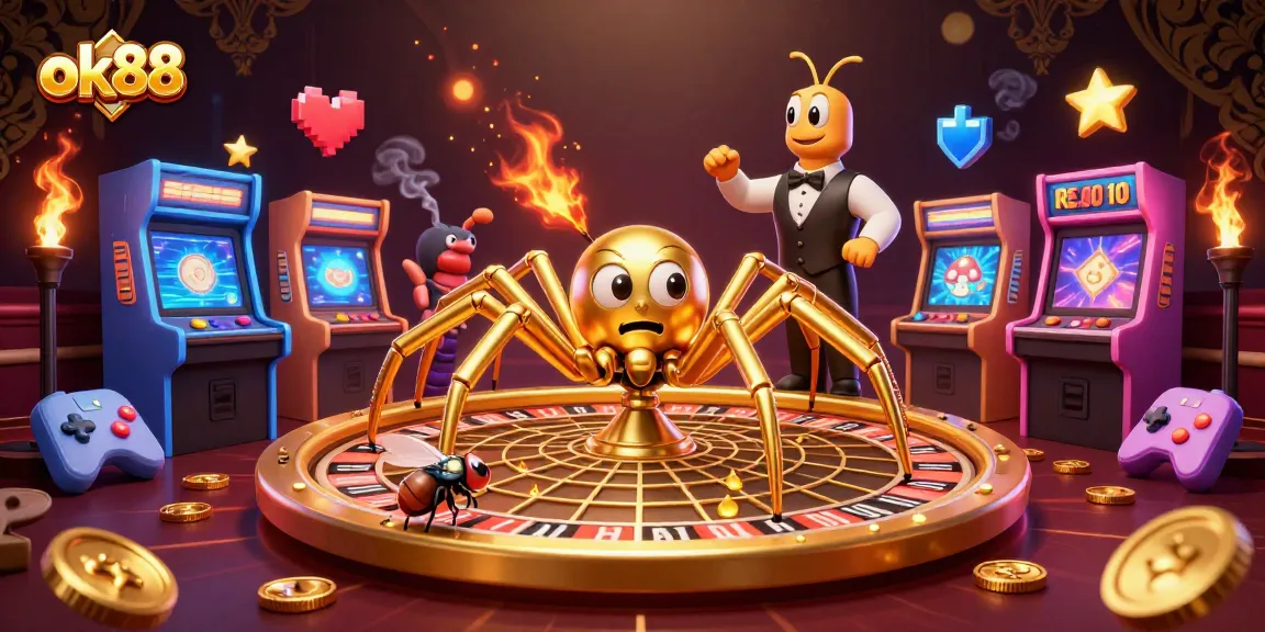 ok88 showcases a golden web roulette wheel with animated gambling elements in a dynamic casino scene