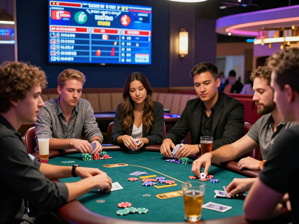 Friends enjoying poker at http://oxbet-app.com casino table with vibrant ambiance.