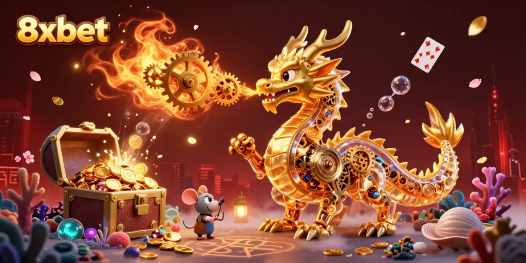 Experience thrilling 8xbet action with a golden dragon in an underwater casino wonderland.