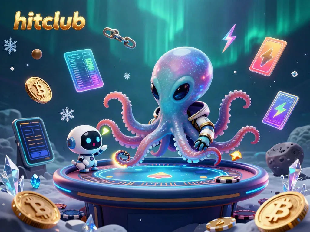 Experience the vibrant action at hitclub with our cosmic octopus dealer at a holographic poker table.