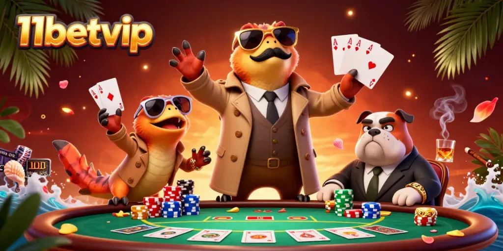 Witness the raptors in disguise at 11betvip, trying to enter a vibrant VIP casino lounge with poker elements.
