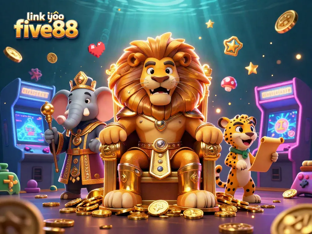Experience the adventure with link vào five88 as a majestic lion king reigns over a vibrant gaming realm!