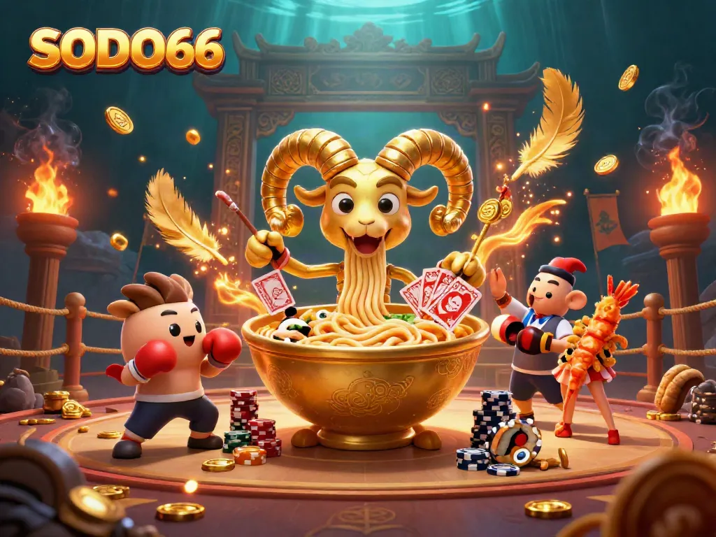 Engage with SODO66 in an action-packed casino scene featuring vibrant characters and immersive gaming elements.