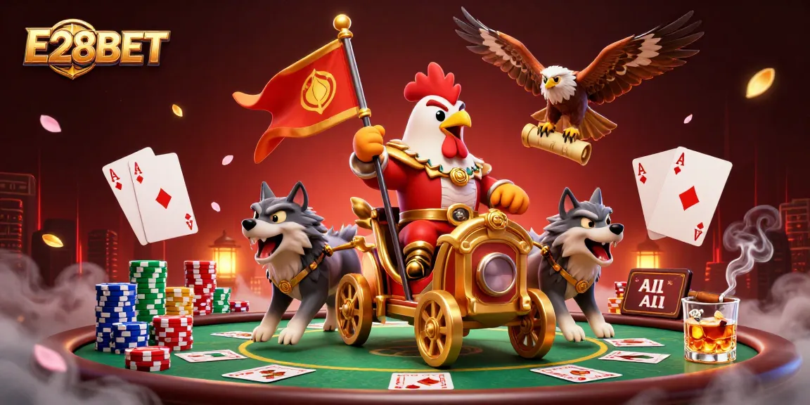 E28BET promotes dynamic gameplay with a rooster warlord scene in a vibrant casino setting