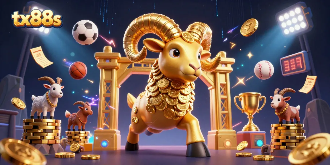 Wager excitingly with tx88s as a golden ram charges through a dynamic sports-themed scene.