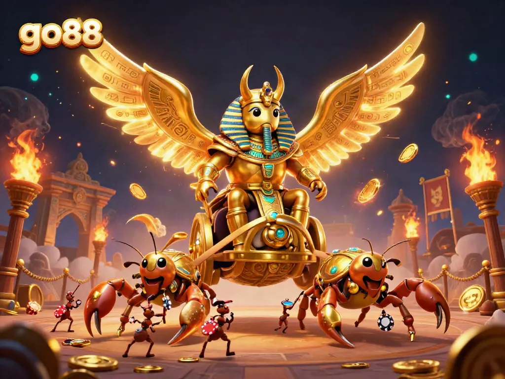 Engage with go88's dynamic gameplay illustrated through a golden scarab beetle in a vibrant casino scene.