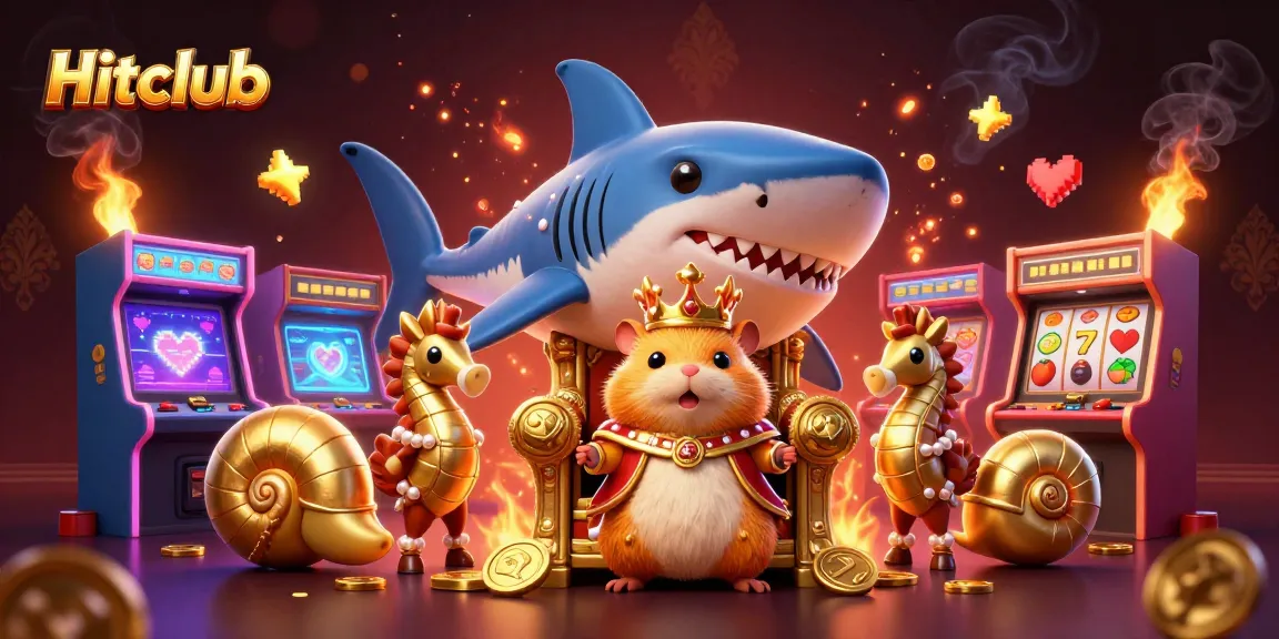 Engage with Hitclub's vibrant gaming universe featuring a golden hamster king on a shark throne, surrounded by casino elements.