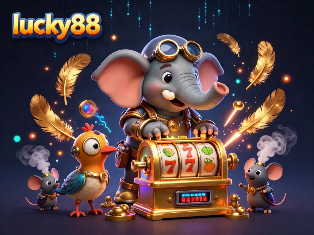 Win big with lucky88 as a steampunk elephant spins a vibrant golden slot machine.