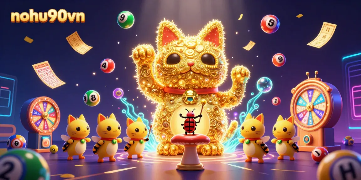 Experience fortune with nohu90vn as golden fireflies form a lucky cat amidst vibrant casino symbols.