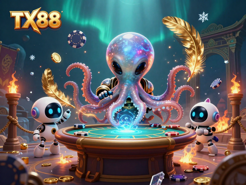 TX88 poker table scene with an alien octopus and robot, vibrant casino atmosphere.