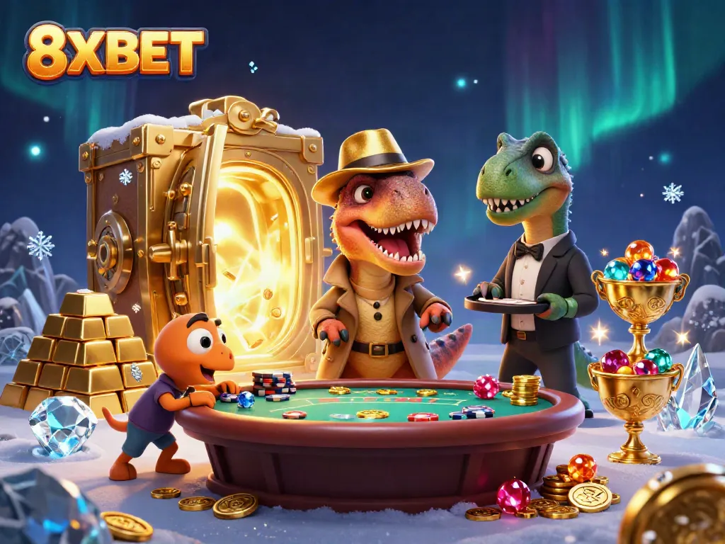 8XBET velociraptor card counter at a blackjack table, rich casino atmosphere with gems and gold.