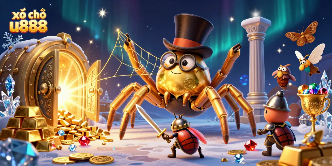 Experience excitement with xổ số u888 surrounded by a vibrant casino world, gold treasures, and engaging characters.