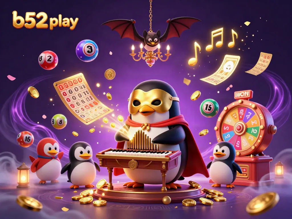 Experience the thrill of b52 play with a vibrant scene of a penguin organist, lottery balls, and dynamic casino elements.