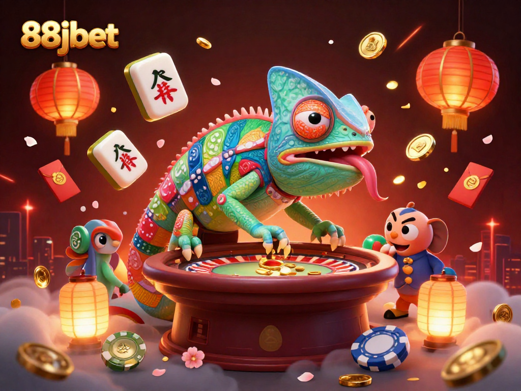 88jbet chameleon casino owner captures golden coins amidst a vibrant casino scene.