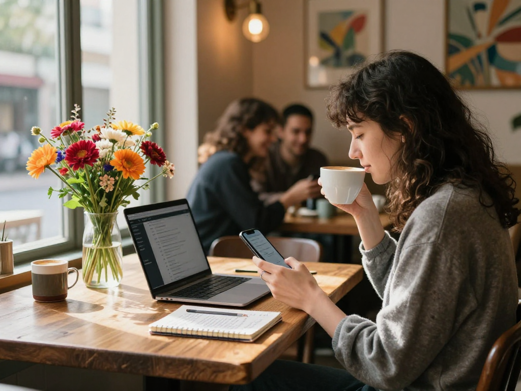 Connecting through dating apps at https://f168.dating/ in a cozy cafe environment, engaging scene with coffee and notes.