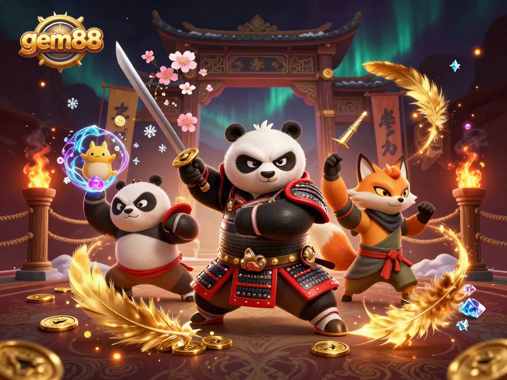 Experience thrilling betting with gem88's cartoon samurai and ninja in an exciting casino scene.