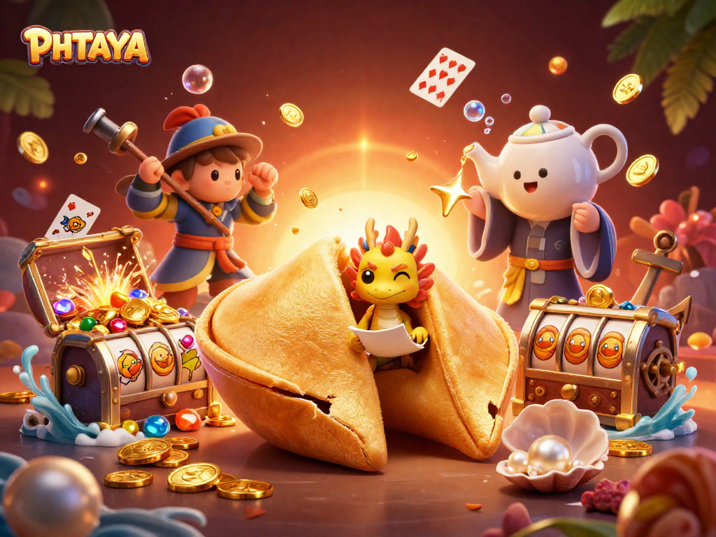 PHTAYA showcases a vibrant 3D illustration of a golden fortune cookie and characters in a dynamic casino scene.