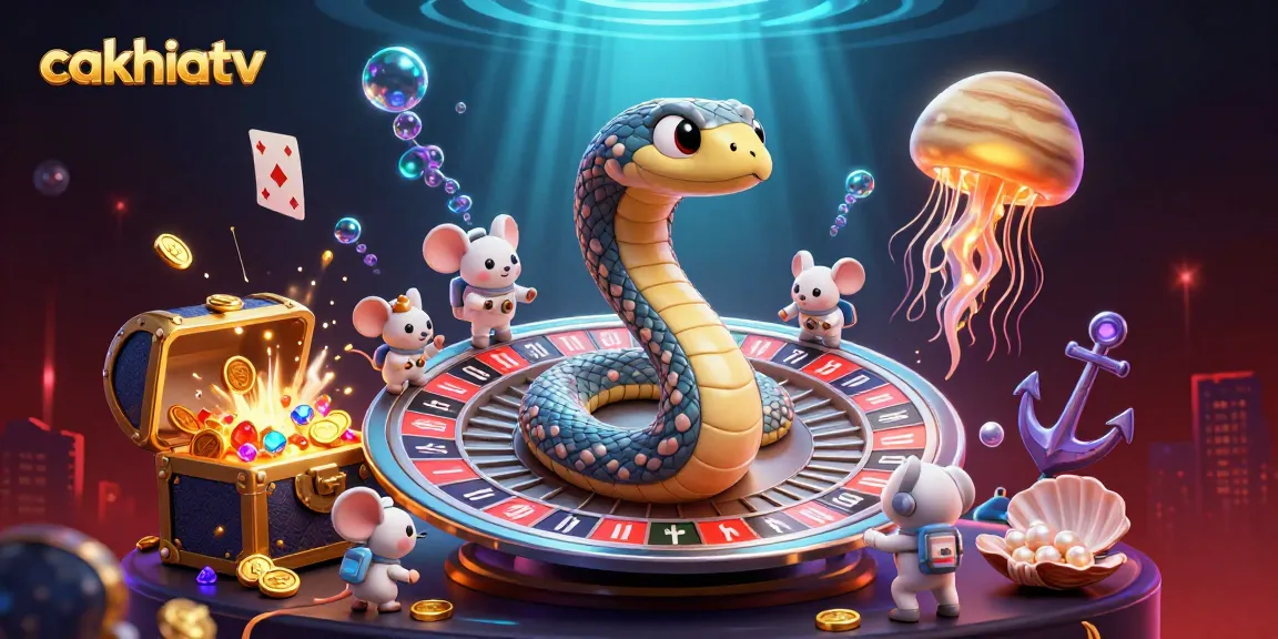 Experience thrilling gameplay with cakhiatv as astronaut mice bet on roulette wheels in a stunning 3D scene.