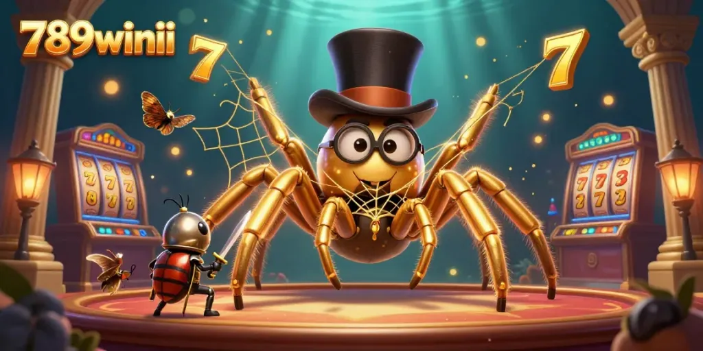 Engage in thrilling casino adventures with 789winii featuring vibrant slot reels and a golden tarantula.