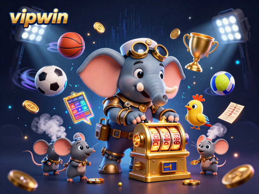 vipwin features a steampunk elephant engineer at a golden slot machine, amidst dynamic sports elements.