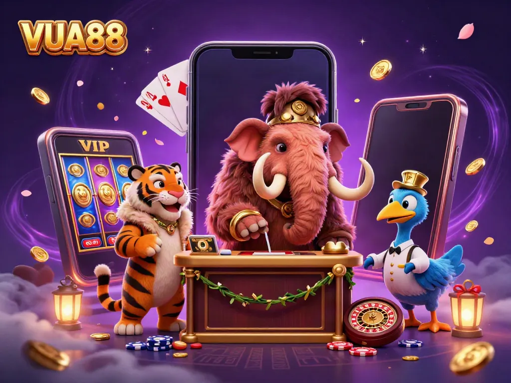 VUA88 brings excitement to players with a vibrant 3D casino scene featuring colorful games and characters.