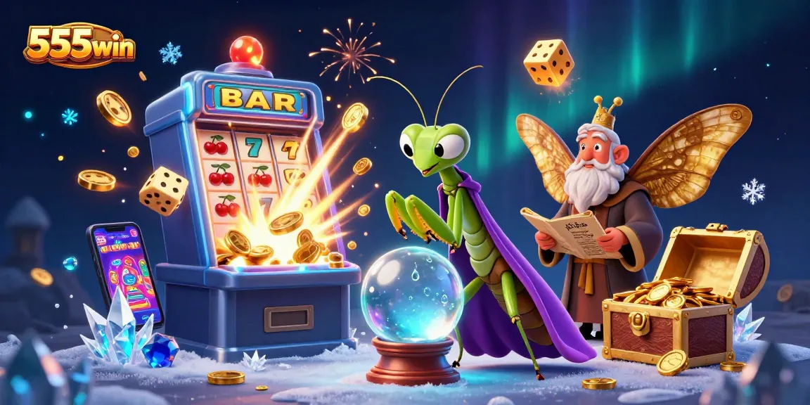 Play casino games like 555win with vibrant 3D visuals including slot machines and fortune tellers.