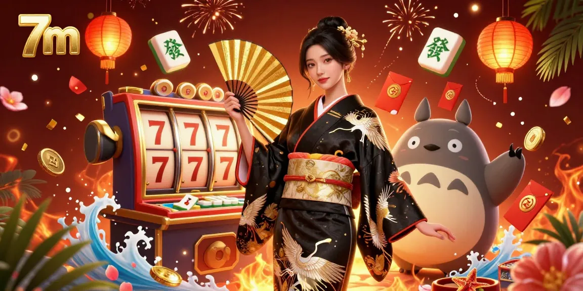 Spin the vibrant slot reels alongside the 7m-themed Asian woman and her cartoon tanuki companion in a rich casino scene.