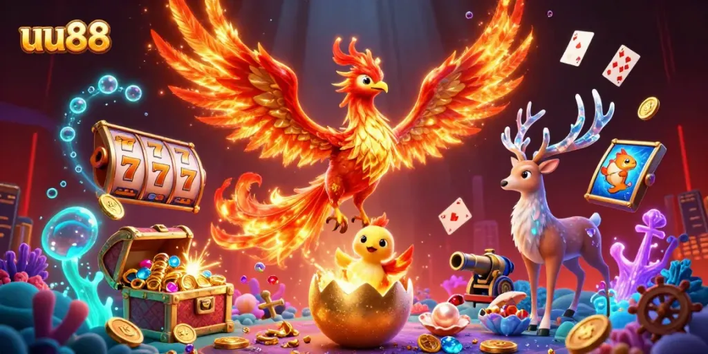 Engage with uu88's thrilling gaming experience featuring vibrant elements and casino iconography.