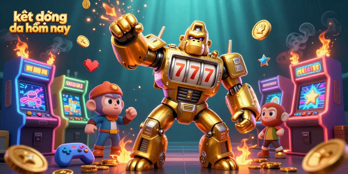 Kết quả bóng đá hôm nay in an engaging casino-themed illustration with a golden gorilla mech and dynamic sports elements.