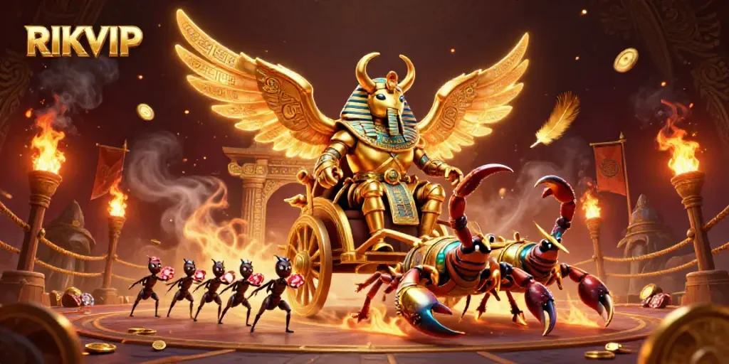 Engage with the vibrant action of RIKVIP through a stunning casino-themed illustration featuring unique elements and characters.