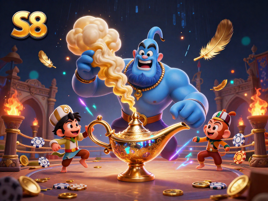 Join the excitement of S8 with a vibrant casino-themed illustration featuring a magical genie.