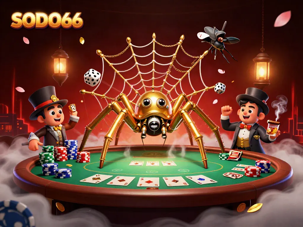 SODO66 showcases a whimsical scene with a golden spider and fly gentleman amidst poker chips and cards in a casino.