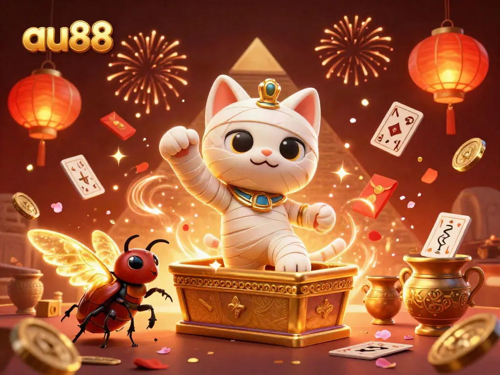 Experience the excitement of au88 with a cartoon mummy cat and scarab beetle in a vibrant casino setting.