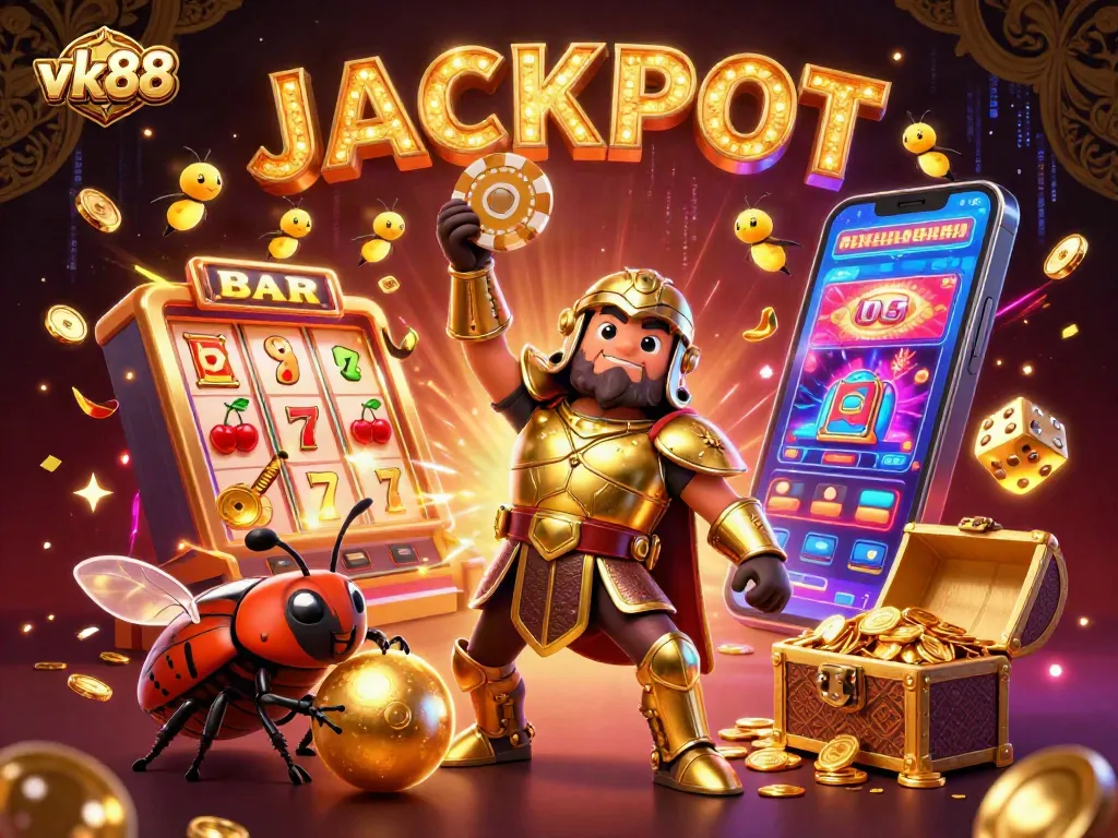 Spin to win with vk88 as a heroic beetle lifts a poker chip amidst a jackpot explosion!