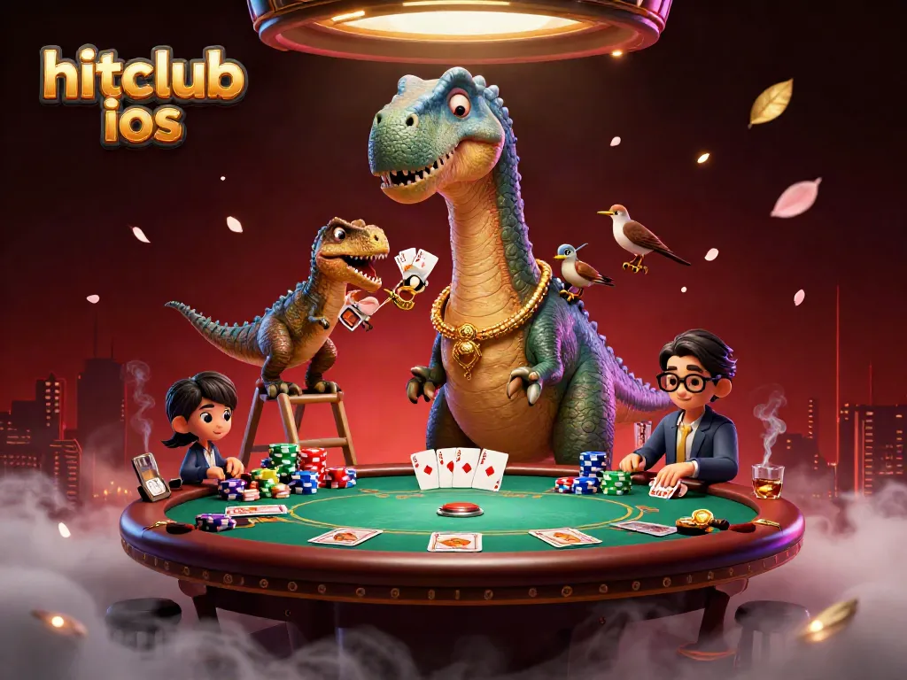 Experience hitclub ios with a playful 3D casino scene featuring vibrant characters and poker elements.