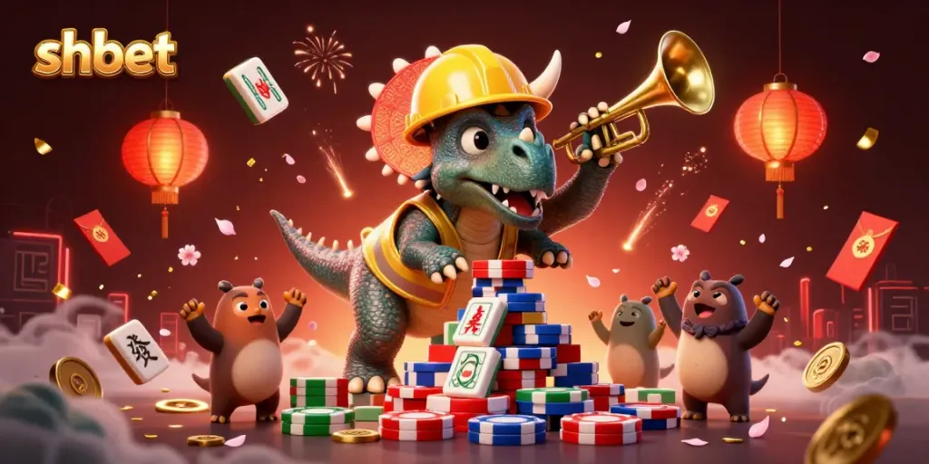 Celebrate with shbet as a fun triceratops builds poker chips amidst lanterns and fireworks.
