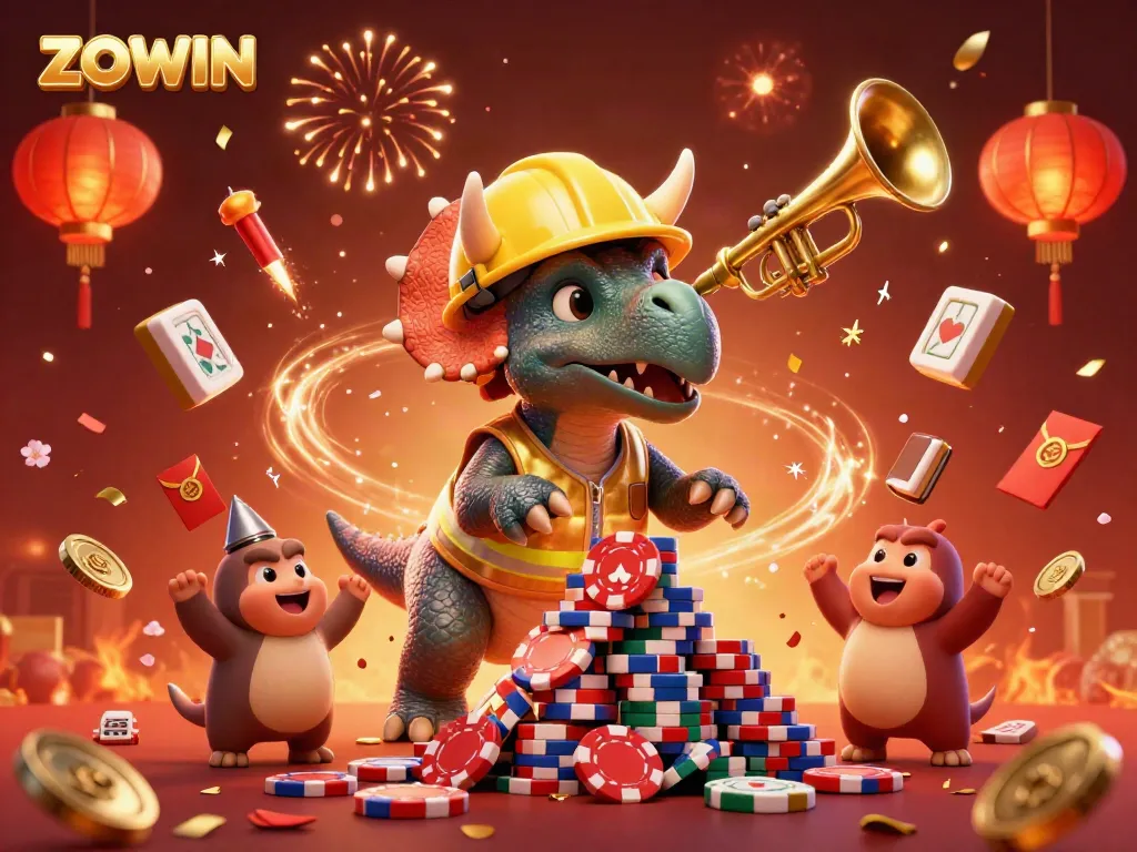 ZOWIN characters celebrate as a triceratops builds a poker chip pyramid amidst confetti and fireworks.