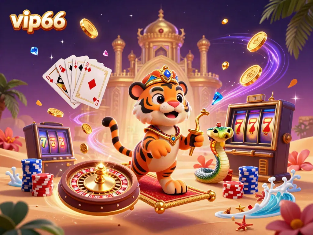 Experience epic wins with vip66 as a tiger sultan rides a magic poker chip carpet amidst dazzling casino treasures.