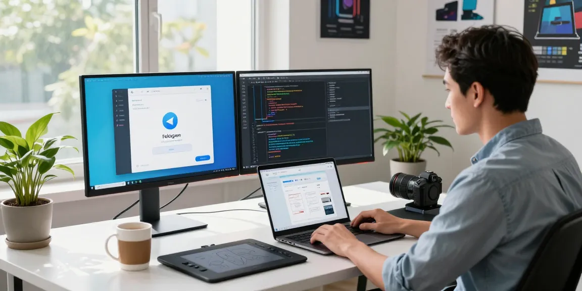 Download Telegram in a modern tech workspace with a developer coding and engaging with the app interface.