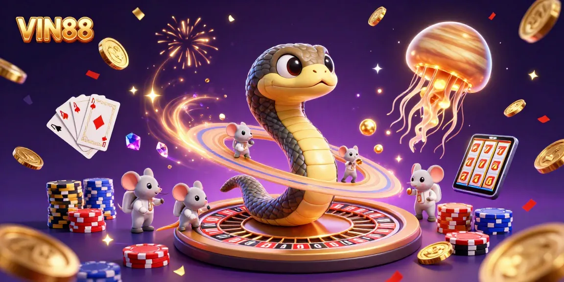 Experience the thrill of winning at VIN88 with an exciting cosmic casino scene featuring vibrant characters and game elements.