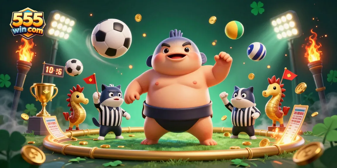 Engage with 555win com in an underwater casino spectacle featuring a dynamic scene with a fugu, referee, and sports elements.