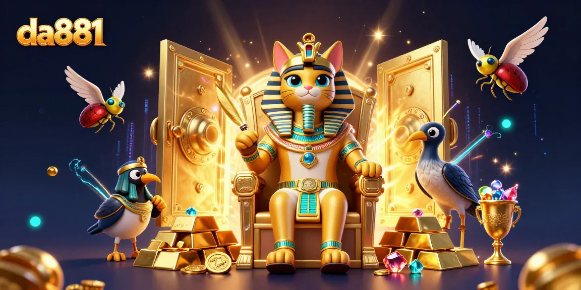 Engage with da881's vibrant online gaming experience featuring a Pharaoh cat and treasure elements.